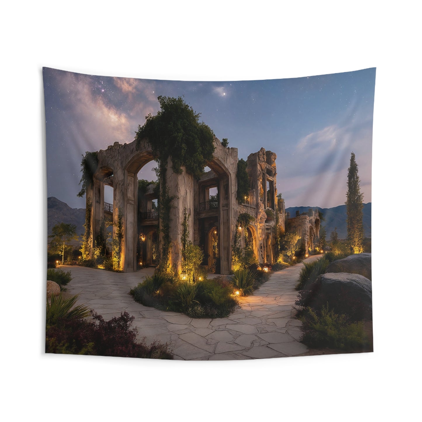Starlit Ruins Indoor Wall Tapestries – Whispering Garden Under the Milky Way