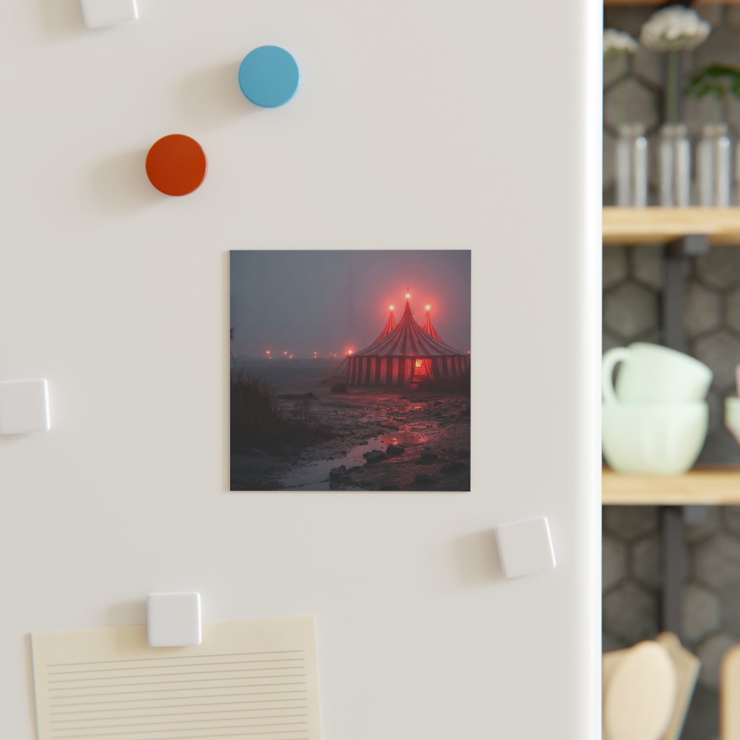 Crimson Circus Tent Magnet – Fogbound Wonder on the Shore