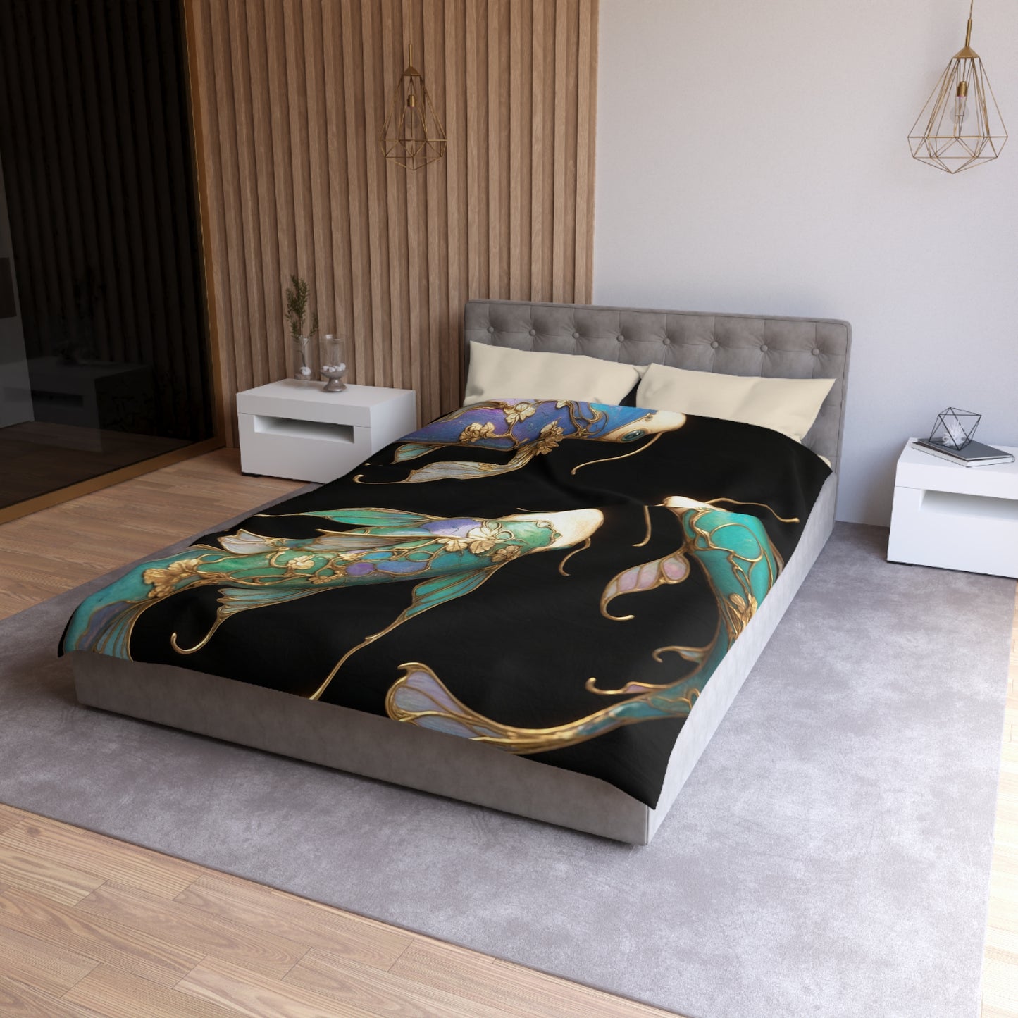 Art Nouveau Koi Microfiber Duvet Cover – Liquid Light in Midnight Depths