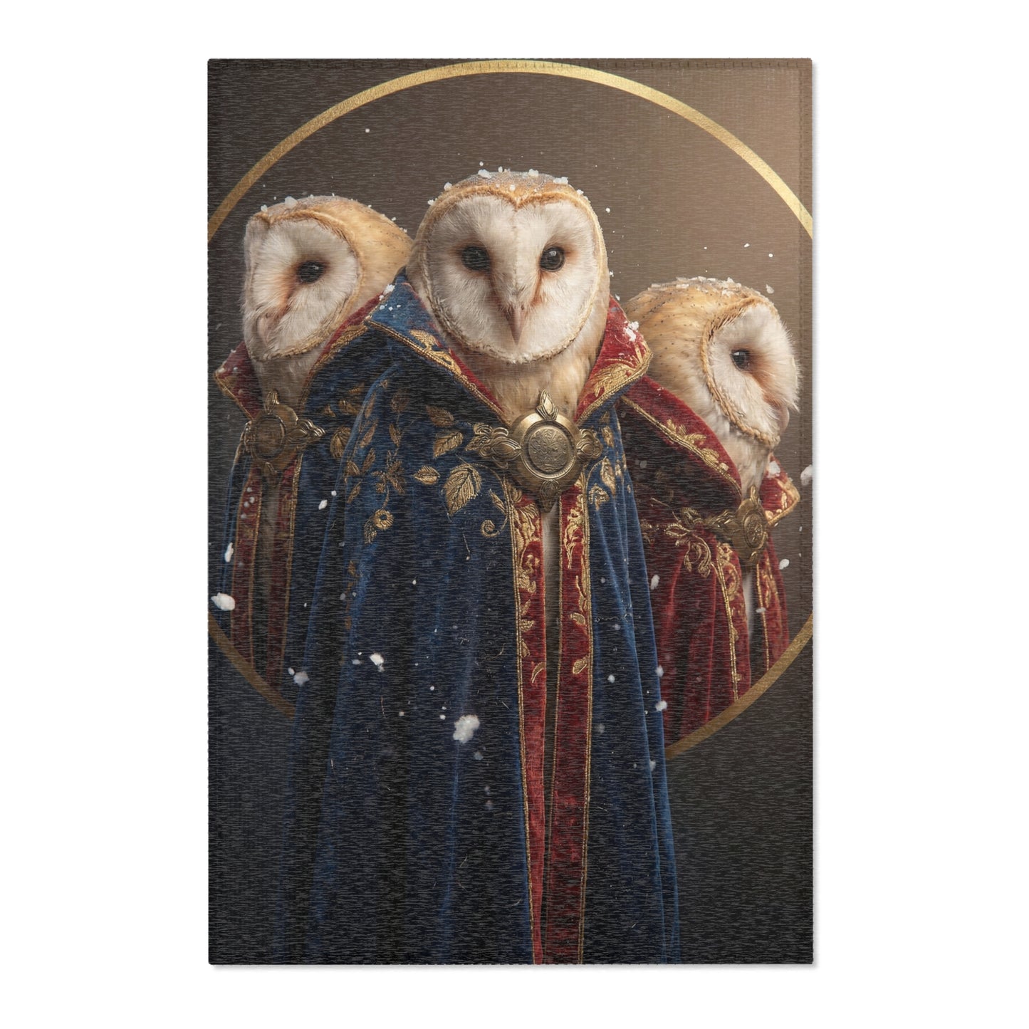 Three Owls in Velvet Robes Area Rug – Snow-Kissed Regal Guardianship
