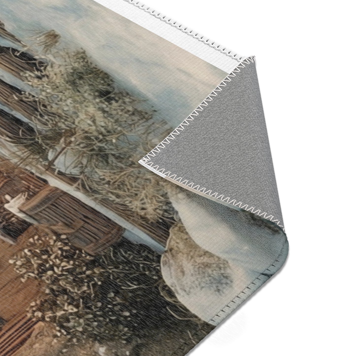 Winter Hollow Cottage Rug – Snow-Dusted Stone & Wood Sanctuary