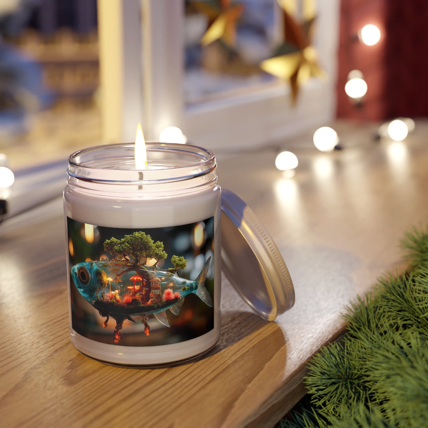 Forest Fish Scented Soy Candles with White Lid, 9oz – Liquid Eden in a Glowing Scale