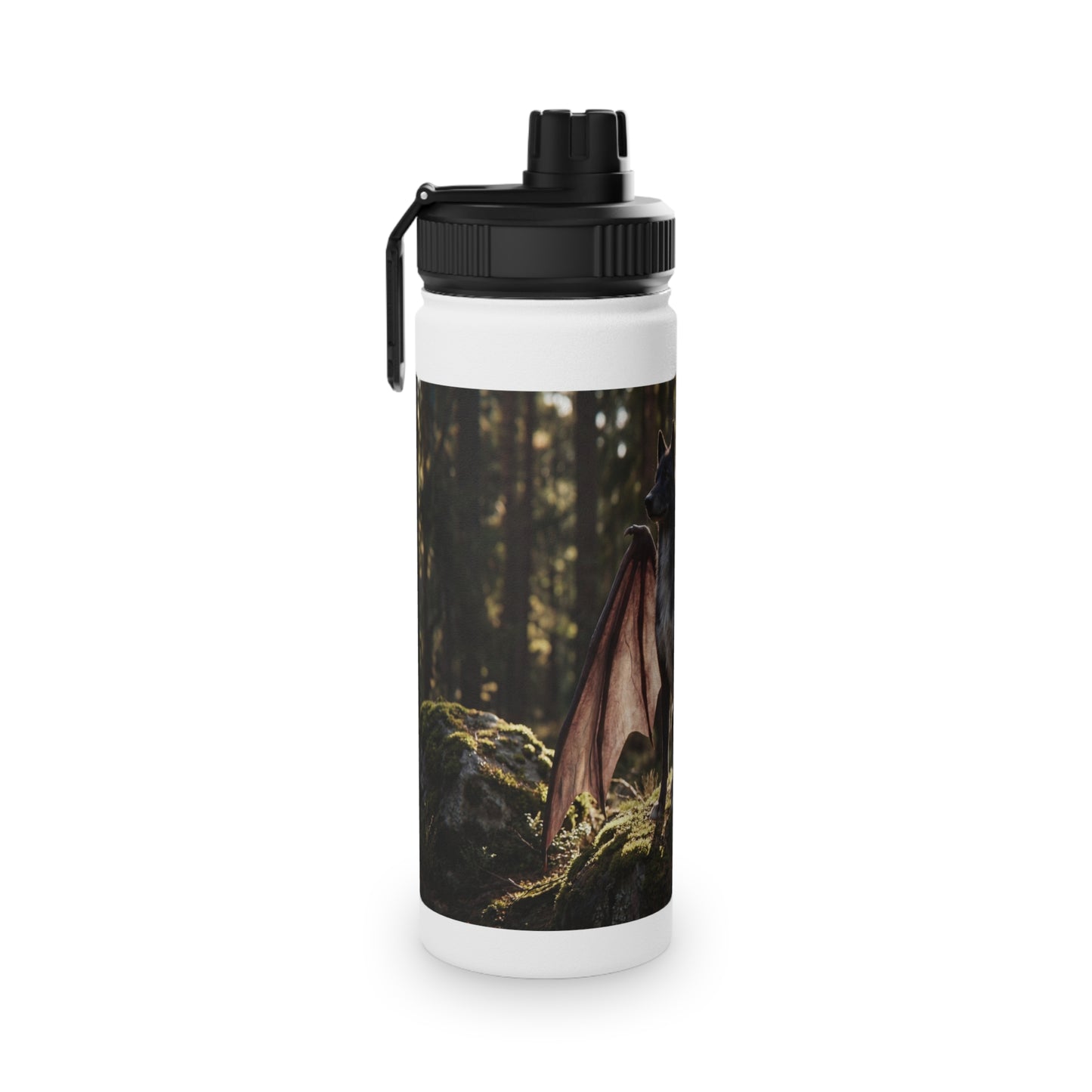 Dragon Wolf in the Sunlit Woods Stainless Steel Water Bottle, Sports Lid – Guardian of the Mossy Glade