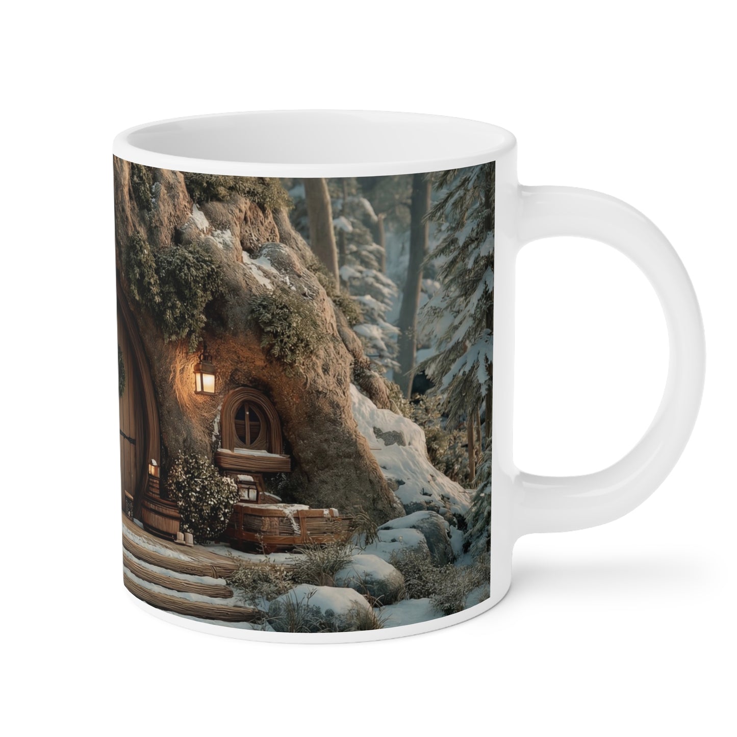 Winter Hollow Treehouse Mug – Warm Hearth Glow in Snow