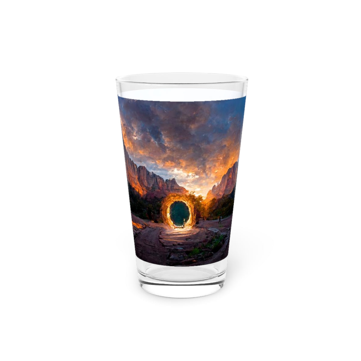 Pint Glass, 16oz - wide angle photo of a magical portal in zion national park at sunset, realistic, cinematic, quite awe-inspiring