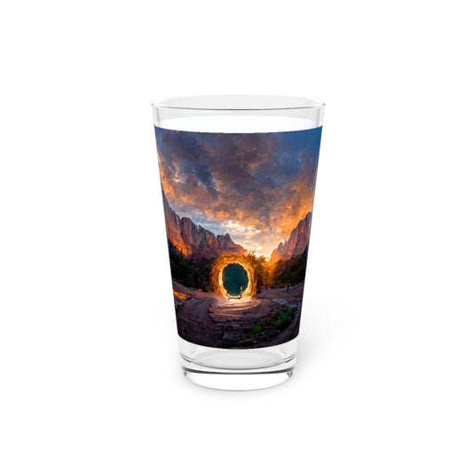 Pint Glass, 16oz - wide angle photo of a magical portal in zion national park at sunset, realistic, cinematic, quite awe-inspiring