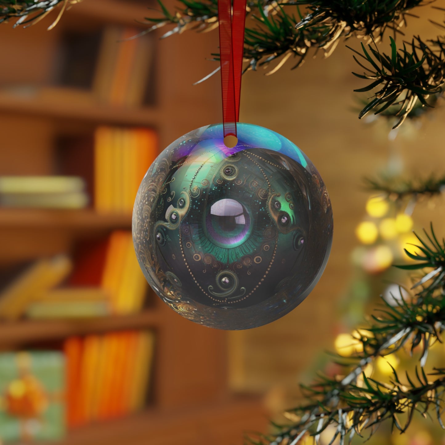 The Teafaerie: A spherical glass Christmas bauble with. The glass is translucent and iridescent. There is a large eyeball inside of it and there are elaborately ornate tentacle shapes embellishments decorating the outside. Metal Ornament