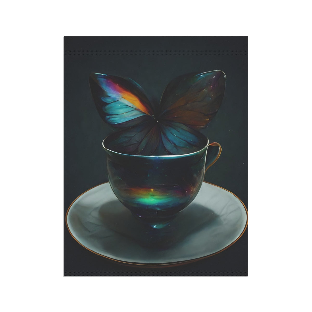 an iridescent teacup with rainbow butterfly wings behind it