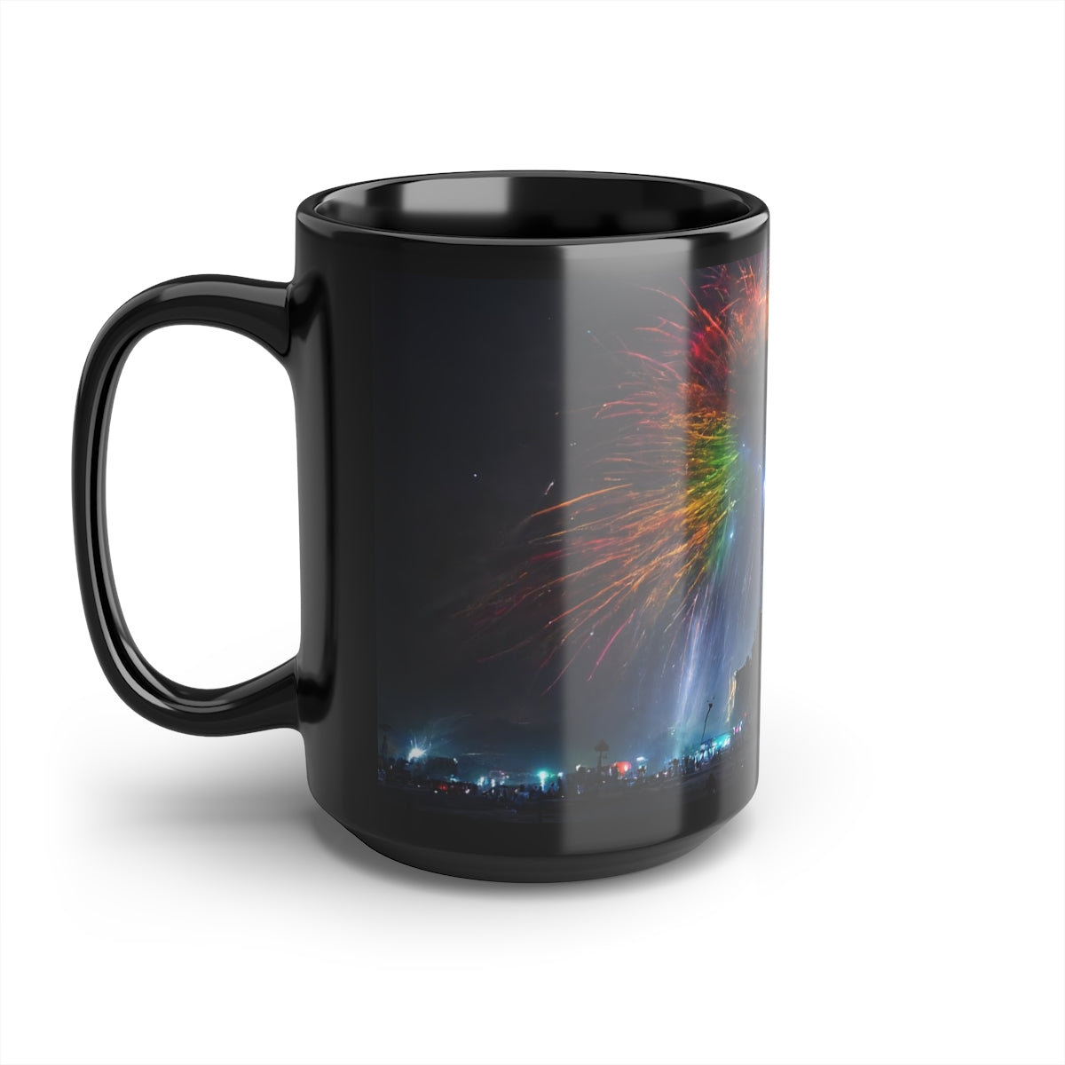 giant rainbow fireworks exploding in the sky, black rock city in the background, lasers and lights illuminating dust, last star in an early morning sky, crowds of people dancing below, Black Mug, 15oz