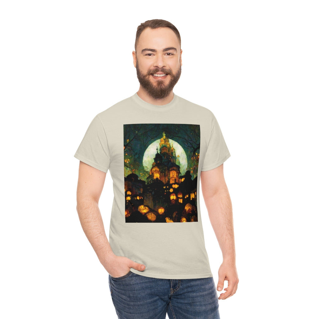 street-level_view_of_halloween_town_at_night_by_alphonse_mucha - Unisex Heavy Cotton Tee