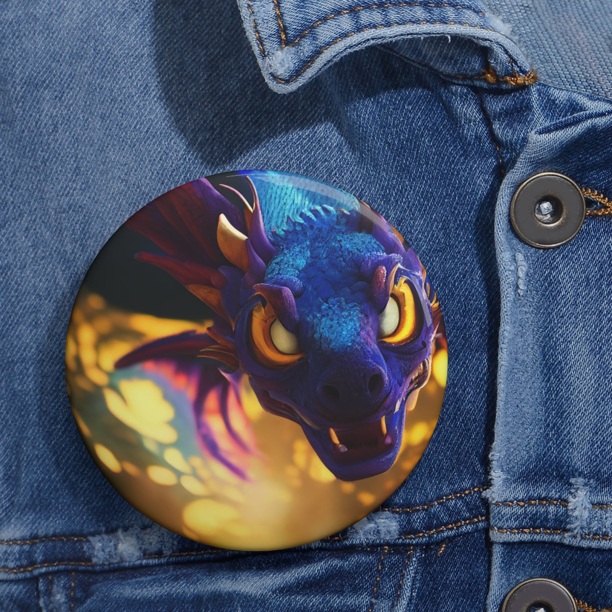 Pin Buttons - a beautiful portrait of a blue and golden dragon, 8k, fantasy, renderman, unreal engine, 3d character, bloom effect, light rays, blue colours, nature colours, soft texture