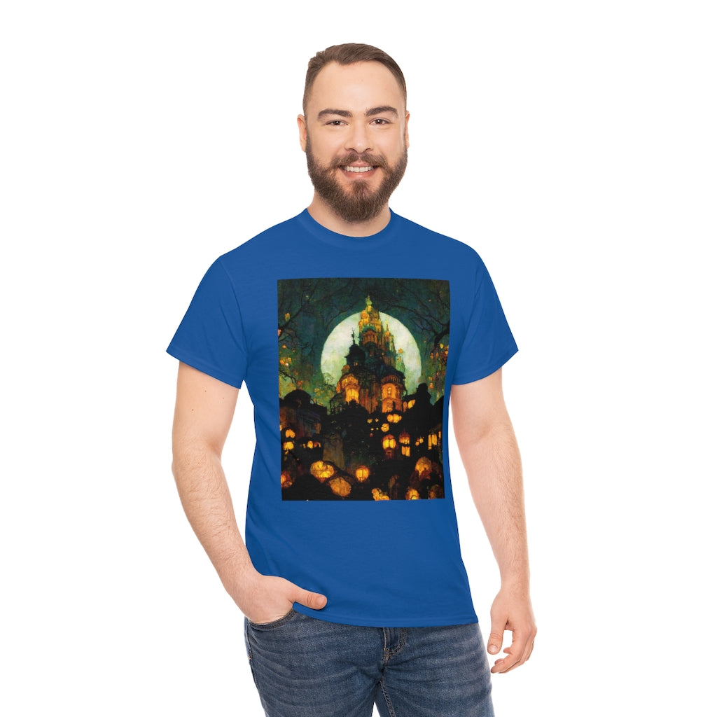 street-level_view_of_halloween_town_at_night_by_alphonse_mucha - Unisex Heavy Cotton Tee