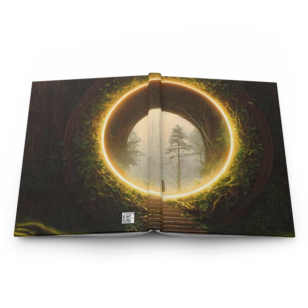 a majestic stargate covered in ivy, set in a redwood forest, golden hour, intricate details - Hardcover Journal Matte