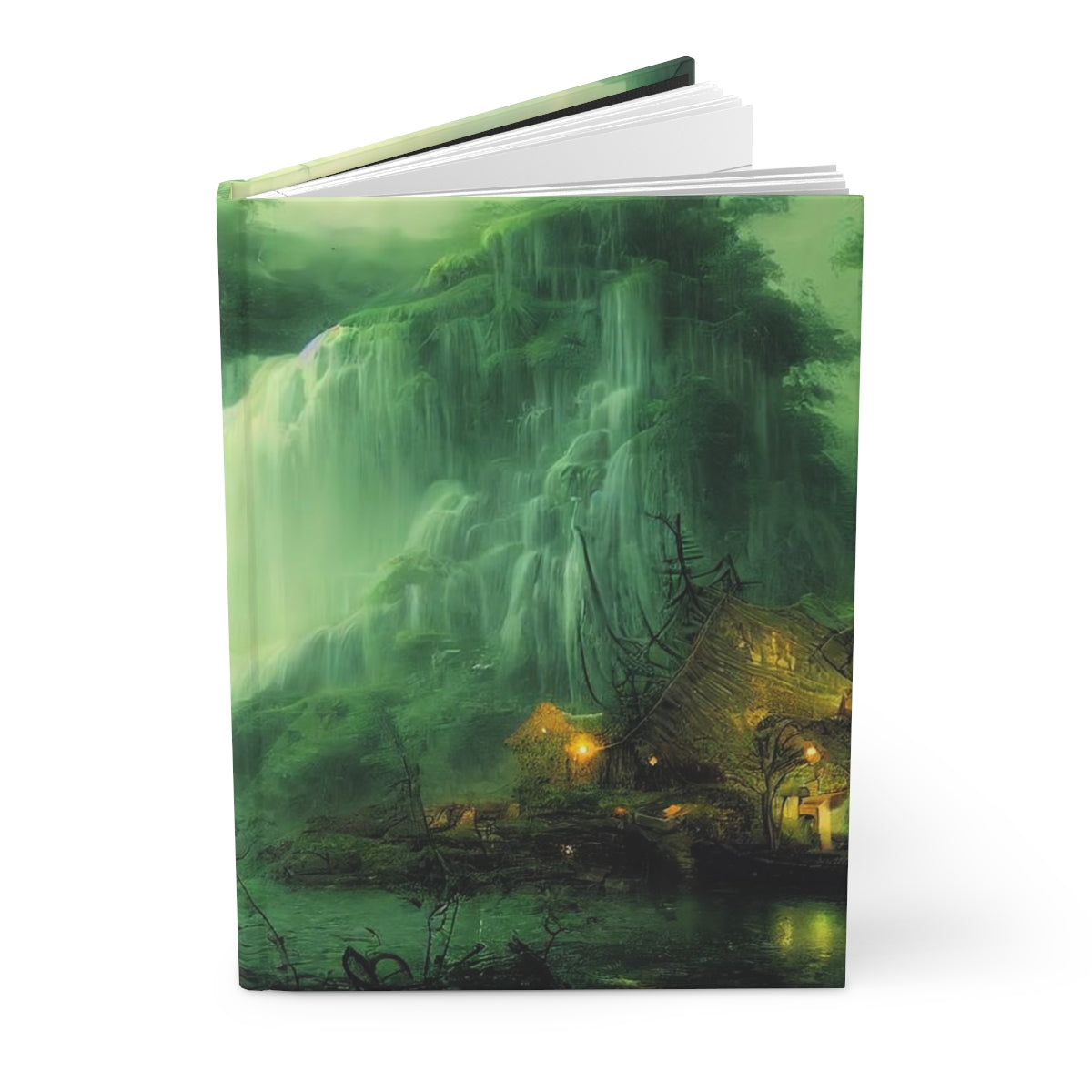 waterfall over a shipwreck, darkwood jungle tribal village, water reflections, wide angle, epic - Hardcover Journal Matte