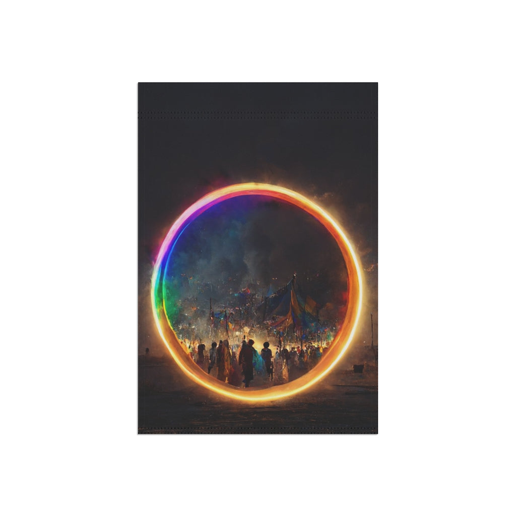 a bright rainbow circle of magic at burning man, cinematic - Garden & House Banner