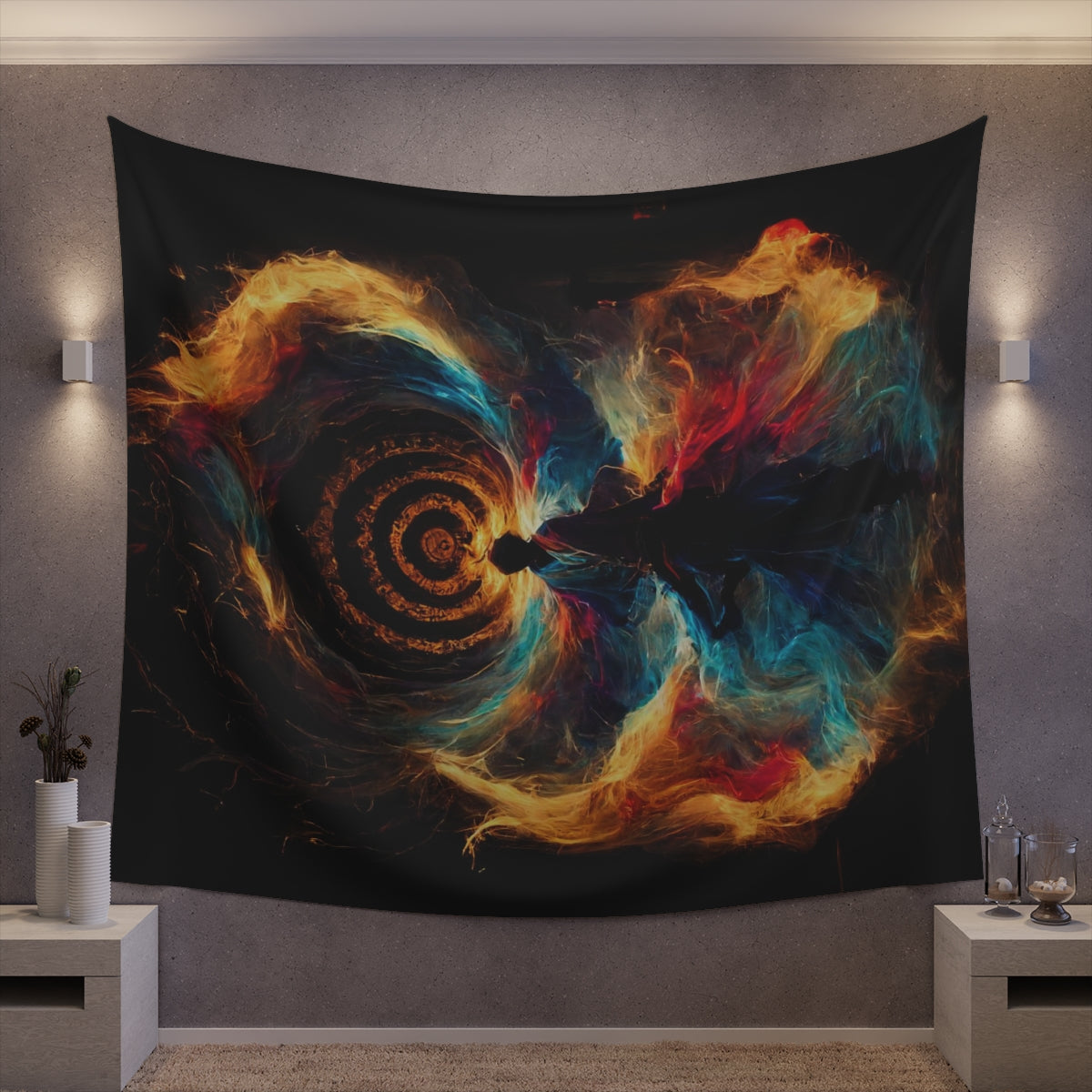 god of psychedelics dancing in a vortex made of fire - Indoor Wall Tapestries