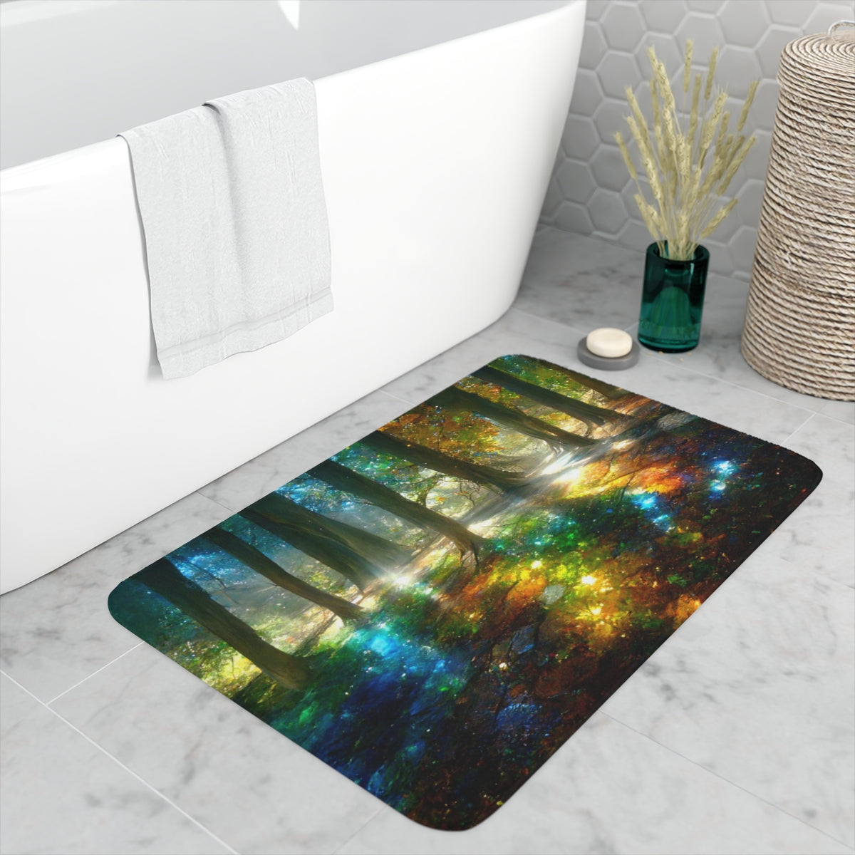 Memory Foam Bath Mat - a picture of trees that have mirrors, crystals, and gemstones as leaves, sunlight is dispersed through crystal leaves creating rainbows