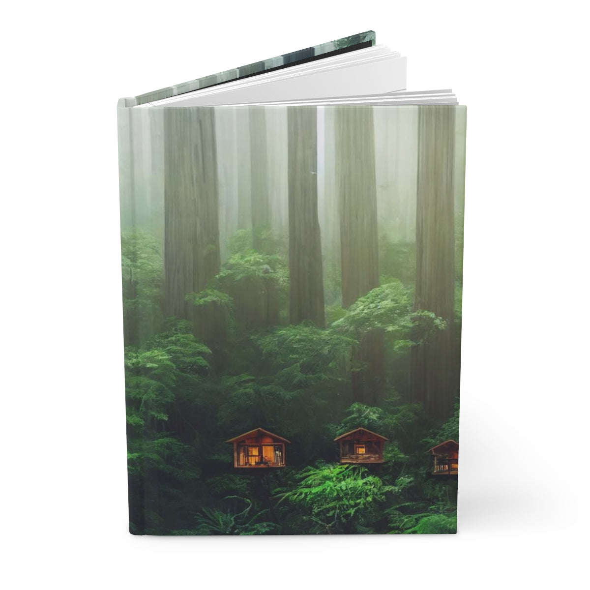 clear wooden solarpunk tree houses, set perfectly in the tops of a redwood forest, beautiful rainforest, community of the future - Hardcover Journal Matte