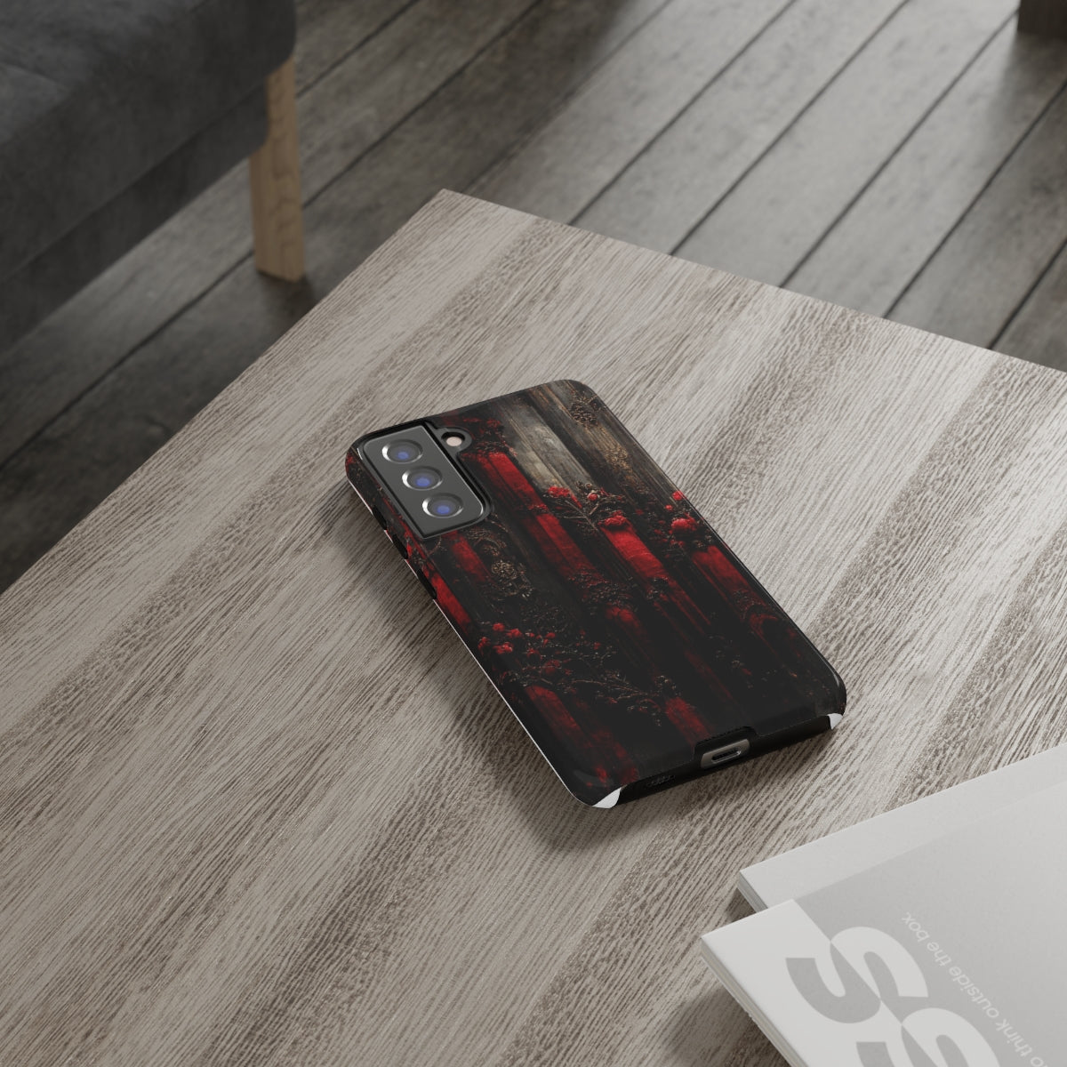 phone case - wall paper texture of red and black gothic painting octane rendering cinematic wooden detailed design frame