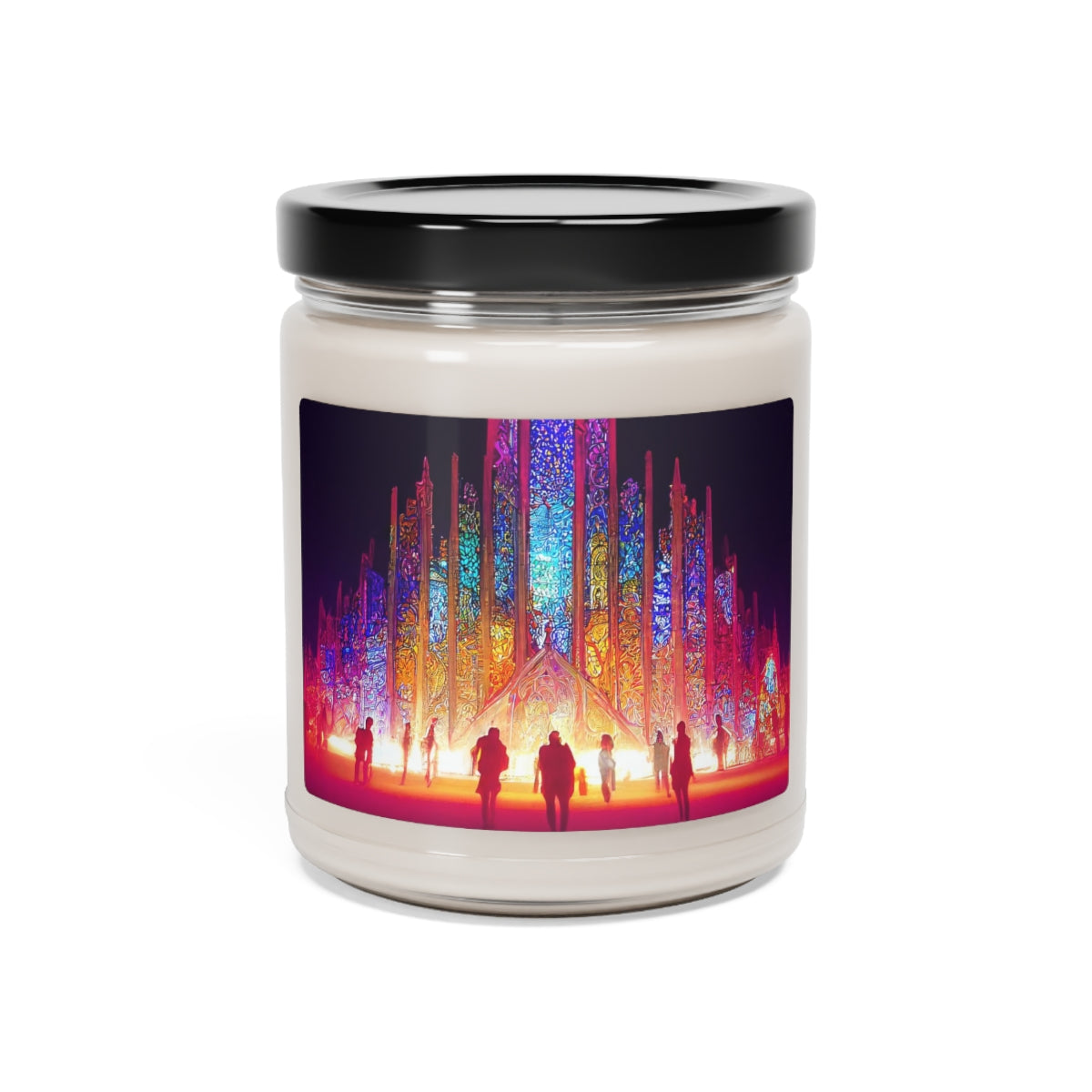 Scented Soy Candle, 9oz - stained glass cathedral at burning man at night