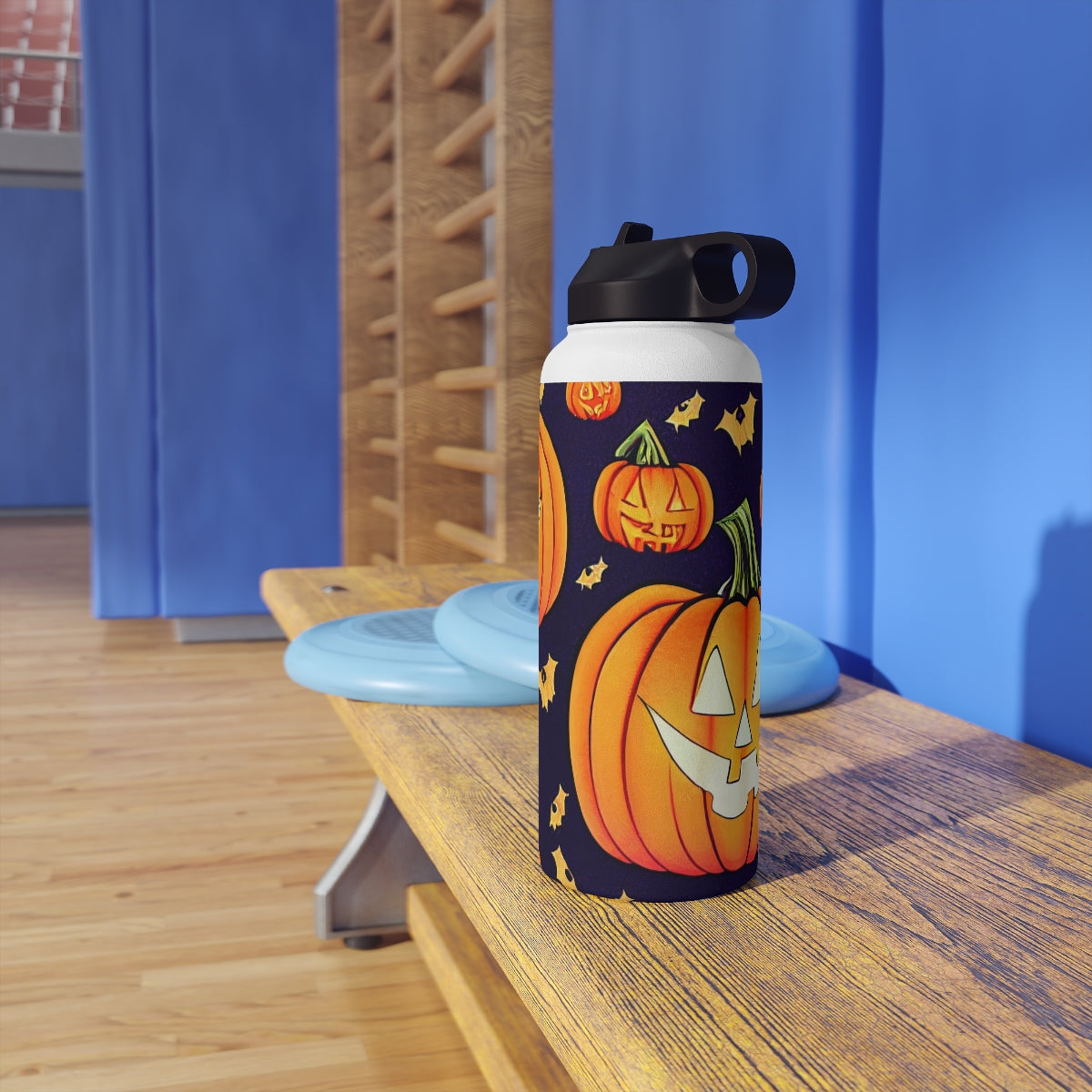 Stainless Steel Water Bottle, Standard Lid - Halloween wall art, Halloween decor, cat bat vampire witch ghost pumpkin, repeating seamless pattern , in the style of alphonse mucha