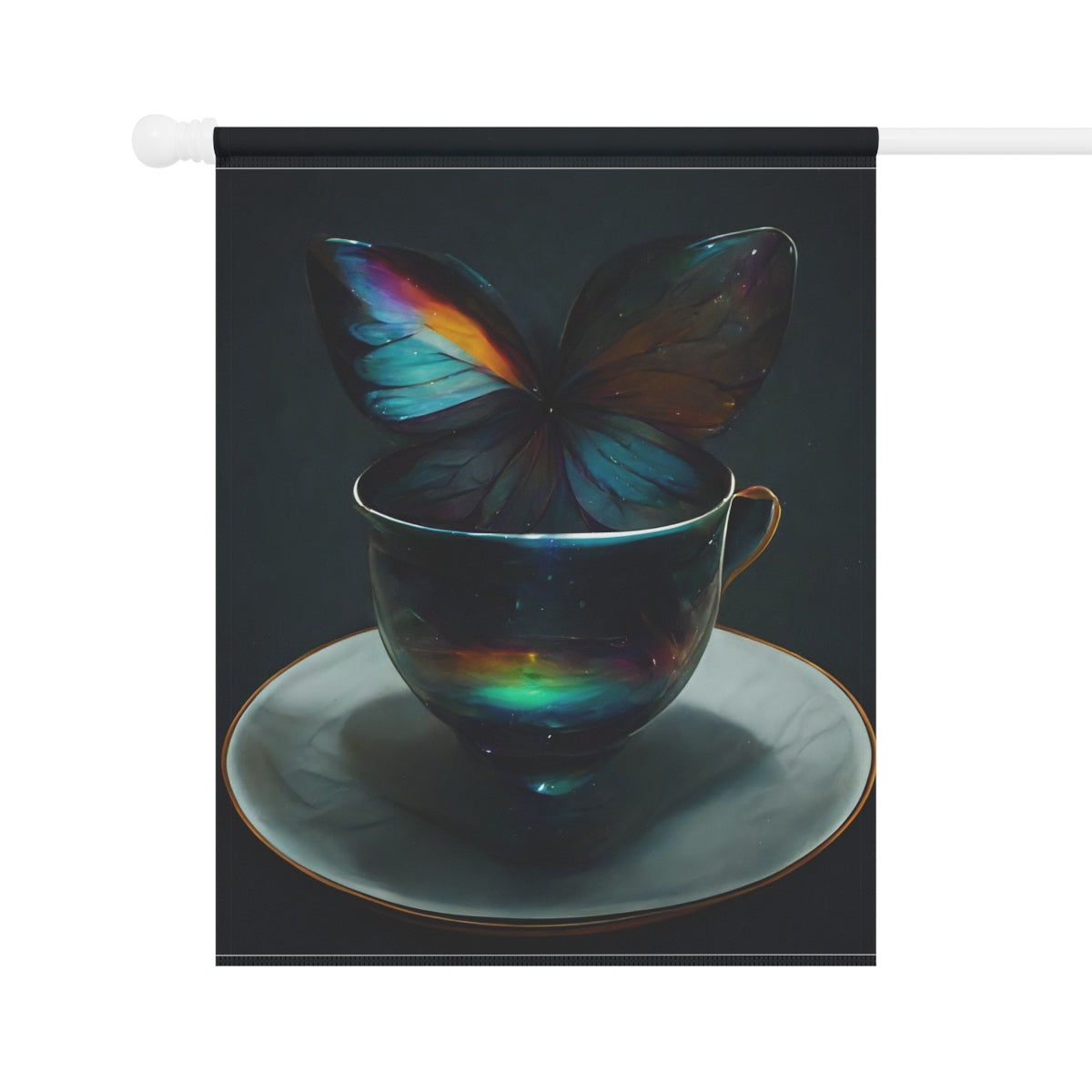 an iridescent teacup with rainbow butterfly wings behind it