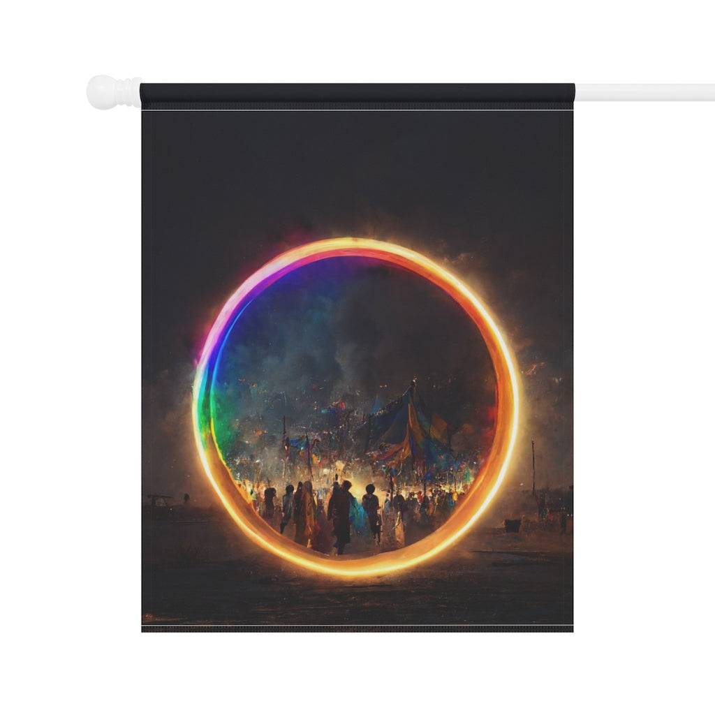 a bright rainbow circle of magic at burning man, cinematic - Garden & House Banner