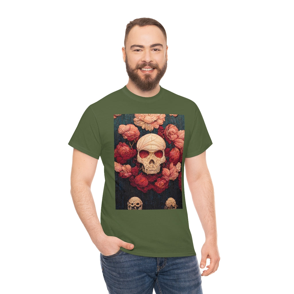 tiling pattern on wood panel of small skulls and vivid roses, gouache illustration - Unisex Heavy Cotton Tee