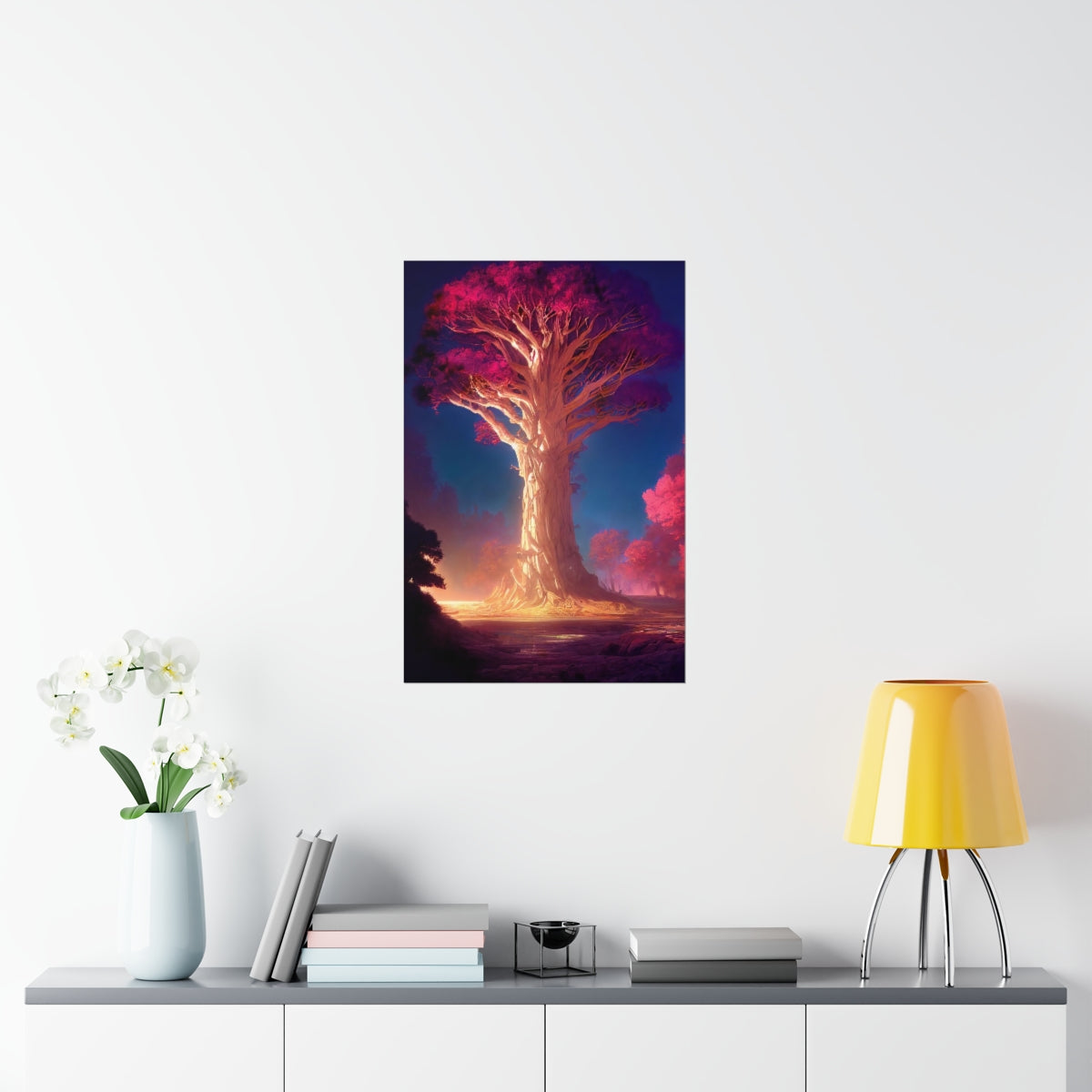 Premium Matte vertical posters - gate to a psychedelic realm, giant tree, light, highly detailed, immersive, volumetric light, detailed concept art