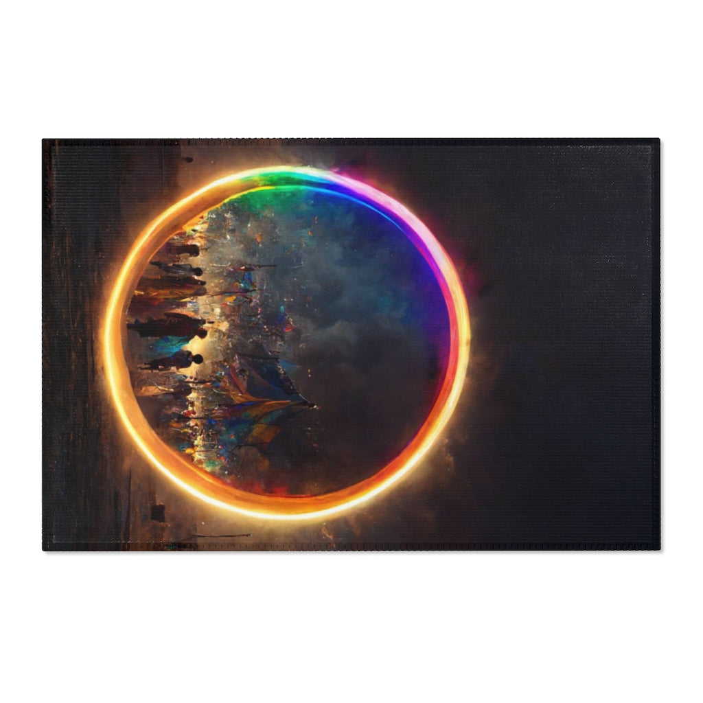 a bright rainbow circle of magic at burning man, cinematic - Area Rugs