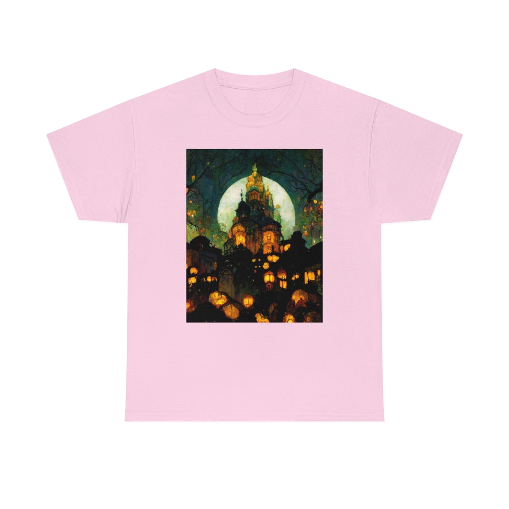 street-level_view_of_halloween_town_at_night_by_alphonse_mucha - Unisex Heavy Cotton Tee