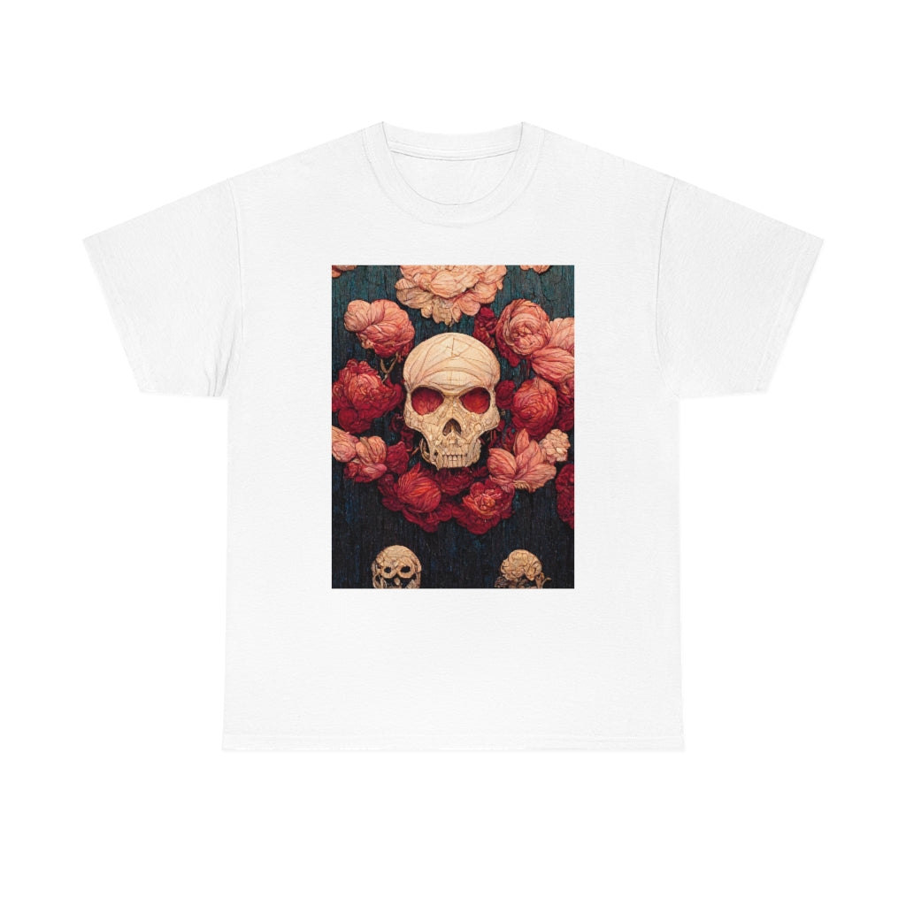 tiling pattern on wood panel of small skulls and vivid roses, gouache illustration - Unisex Heavy Cotton Tee