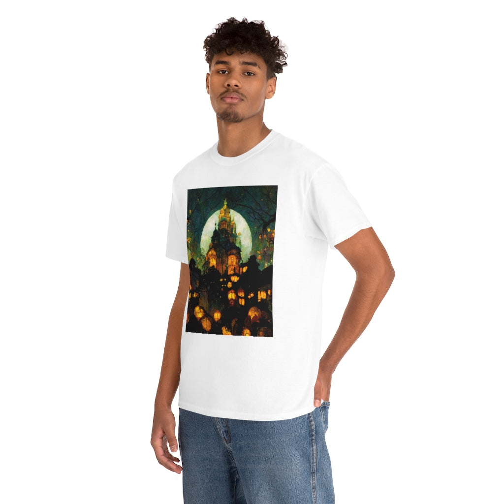 street-level_view_of_halloween_town_at_night_by_alphonse_mucha - Unisex Heavy Cotton Tee