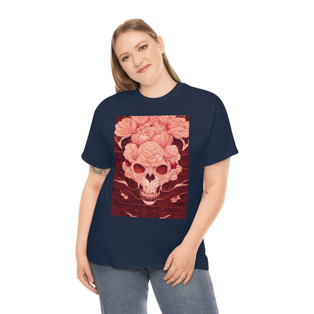 tiling pattern on wood panel of small skulls and vivid roses, gouache illustration - Unisex Heavy Cotton Tee