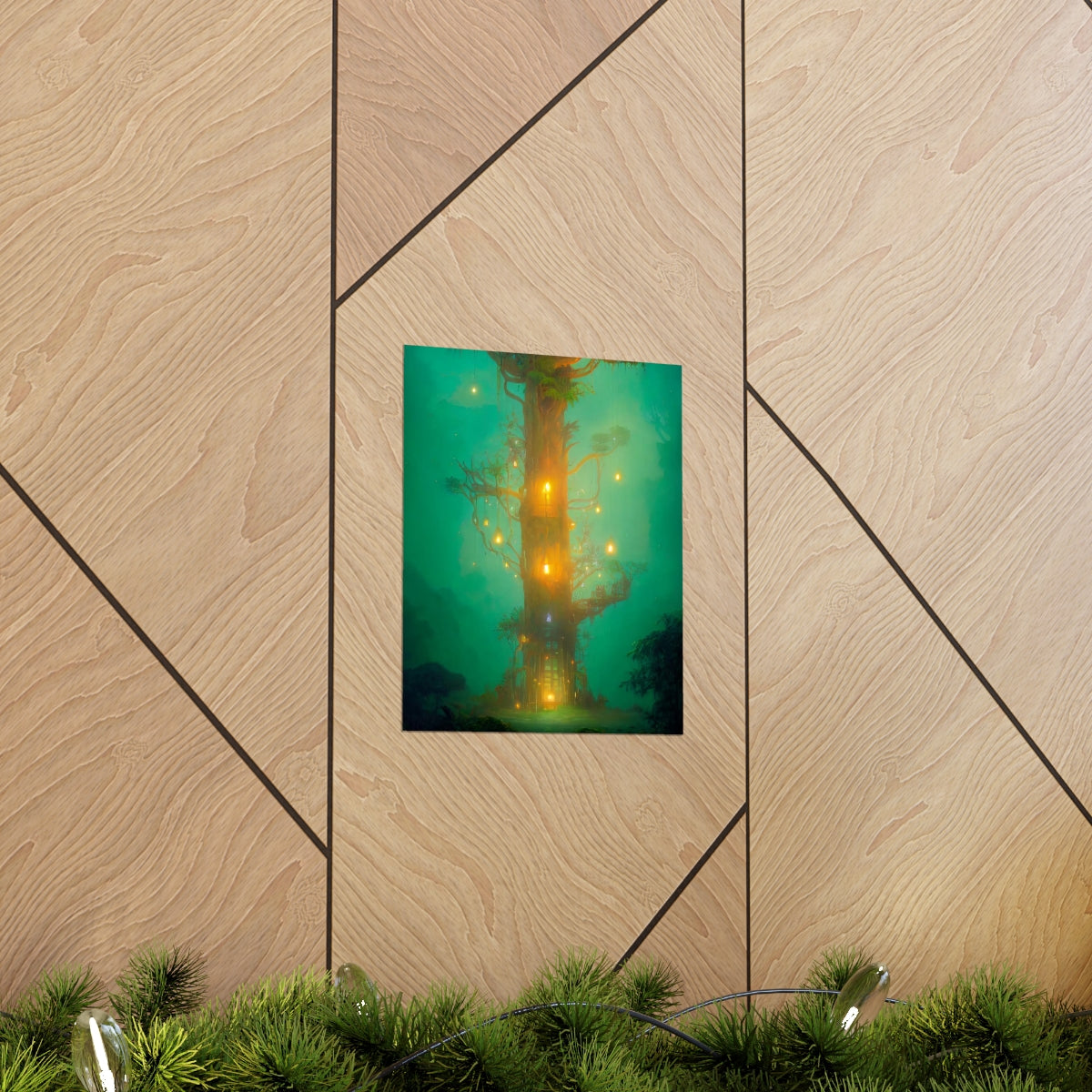 Premium Matte vertical posters - mystical treehouse surrounded by exotic plants and fireflies, jungle fog at sunset, cinematic lighting