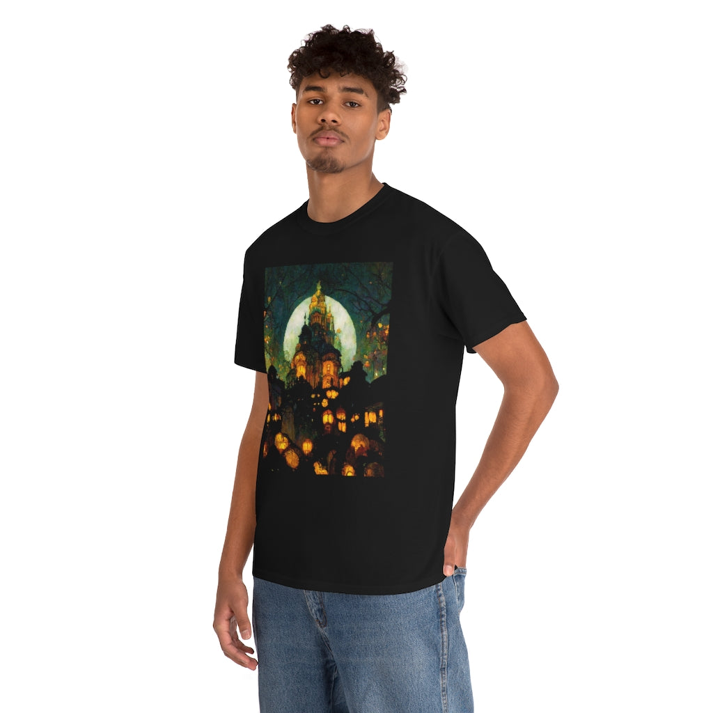 street-level_view_of_halloween_town_at_night_by_alphonse_mucha - Unisex Heavy Cotton Tee