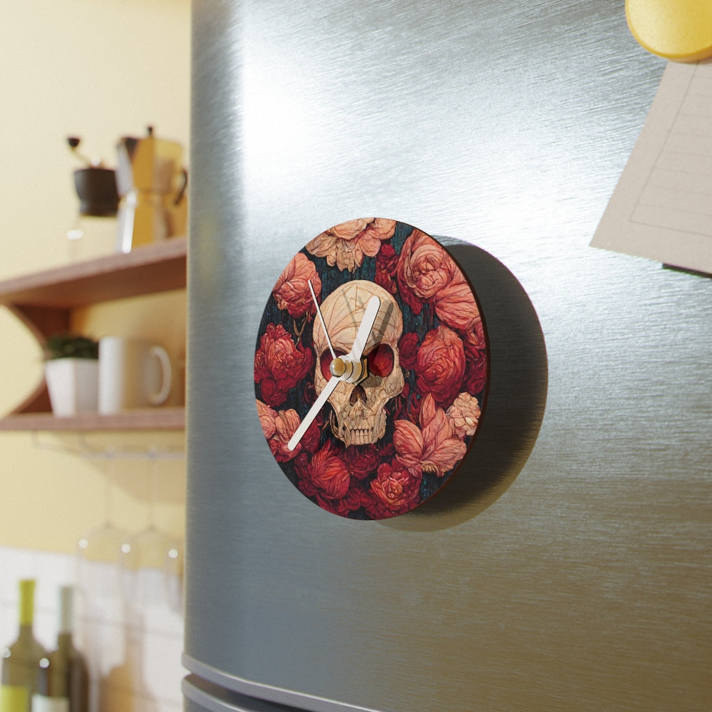 tiling pattern on wood panel of small skulls and vivid roses, gouache illustration