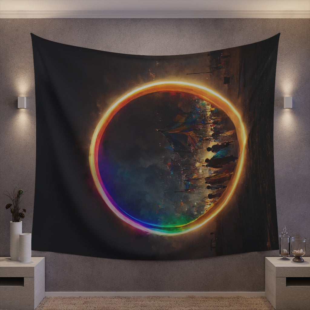 a bright rainbow circle of magic at burning man, cinematic - Printed Wall Tapestry