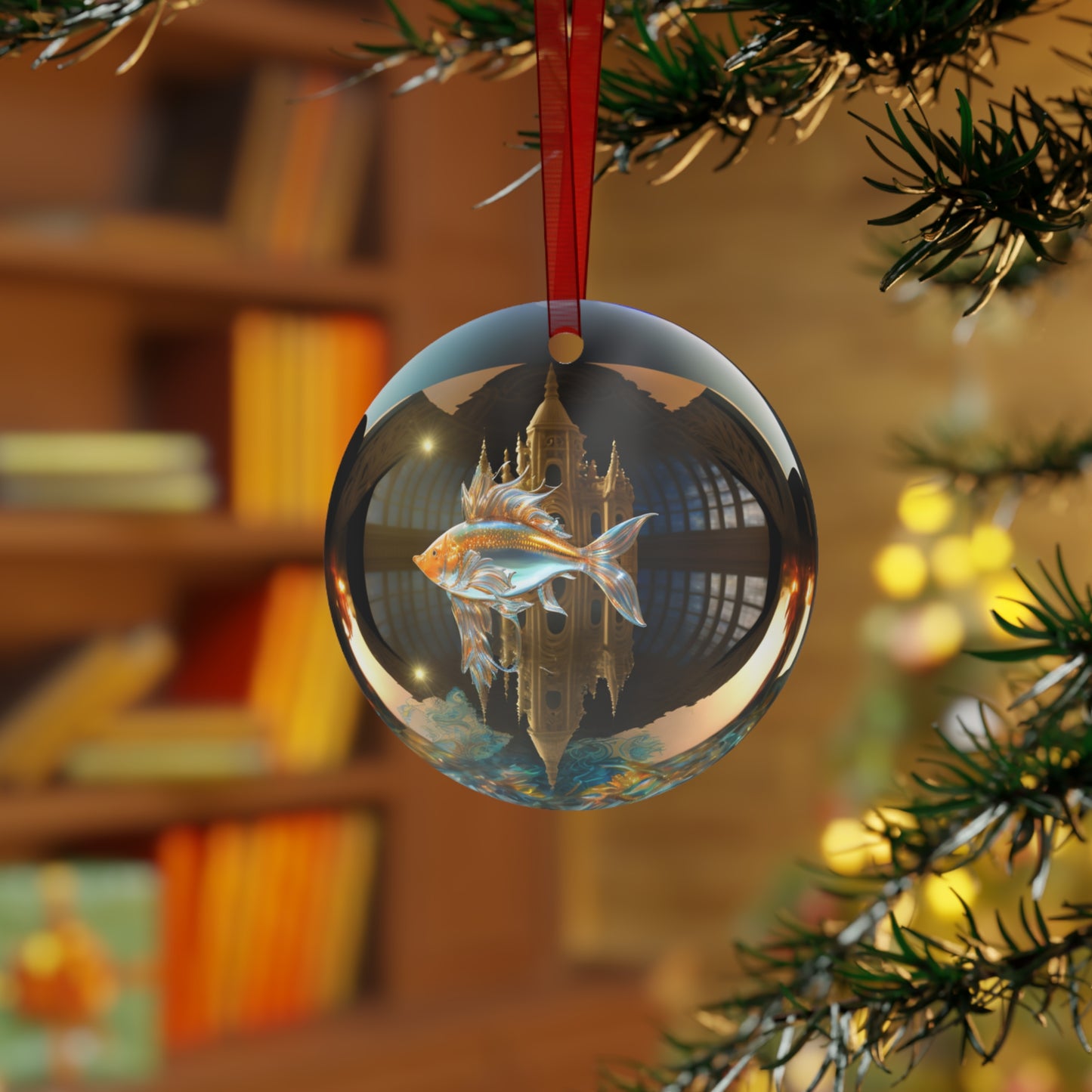 The Teafaerie: transparent spherical glass Christmas bauble with a real goldfish swimming inside of it. The glass is translucent and iridescent and reflective. There is a castle. Metal Ornament