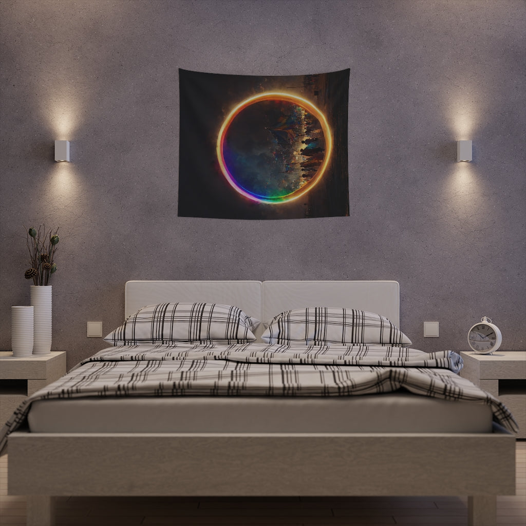 a bright rainbow circle of magic at burning man, cinematic - Printed Wall Tapestry