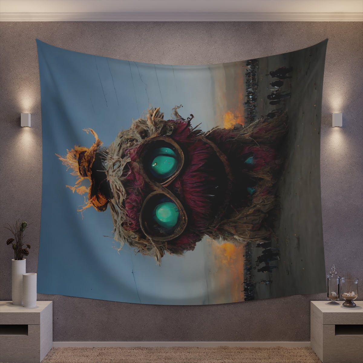 giant muppet monster rampaging at burning man - Indoor Wall Tapestries