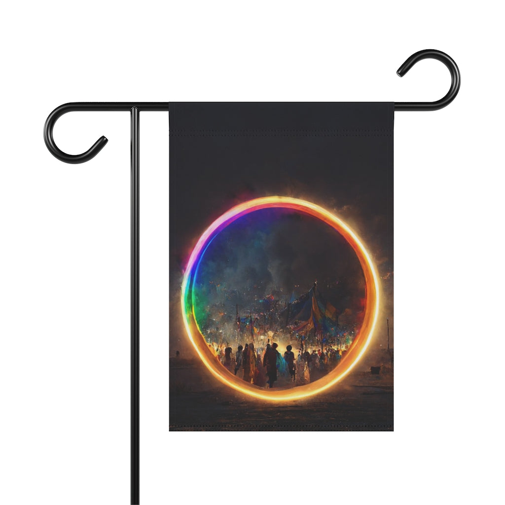 a bright rainbow circle of magic at burning man, cinematic - Garden & House Banner