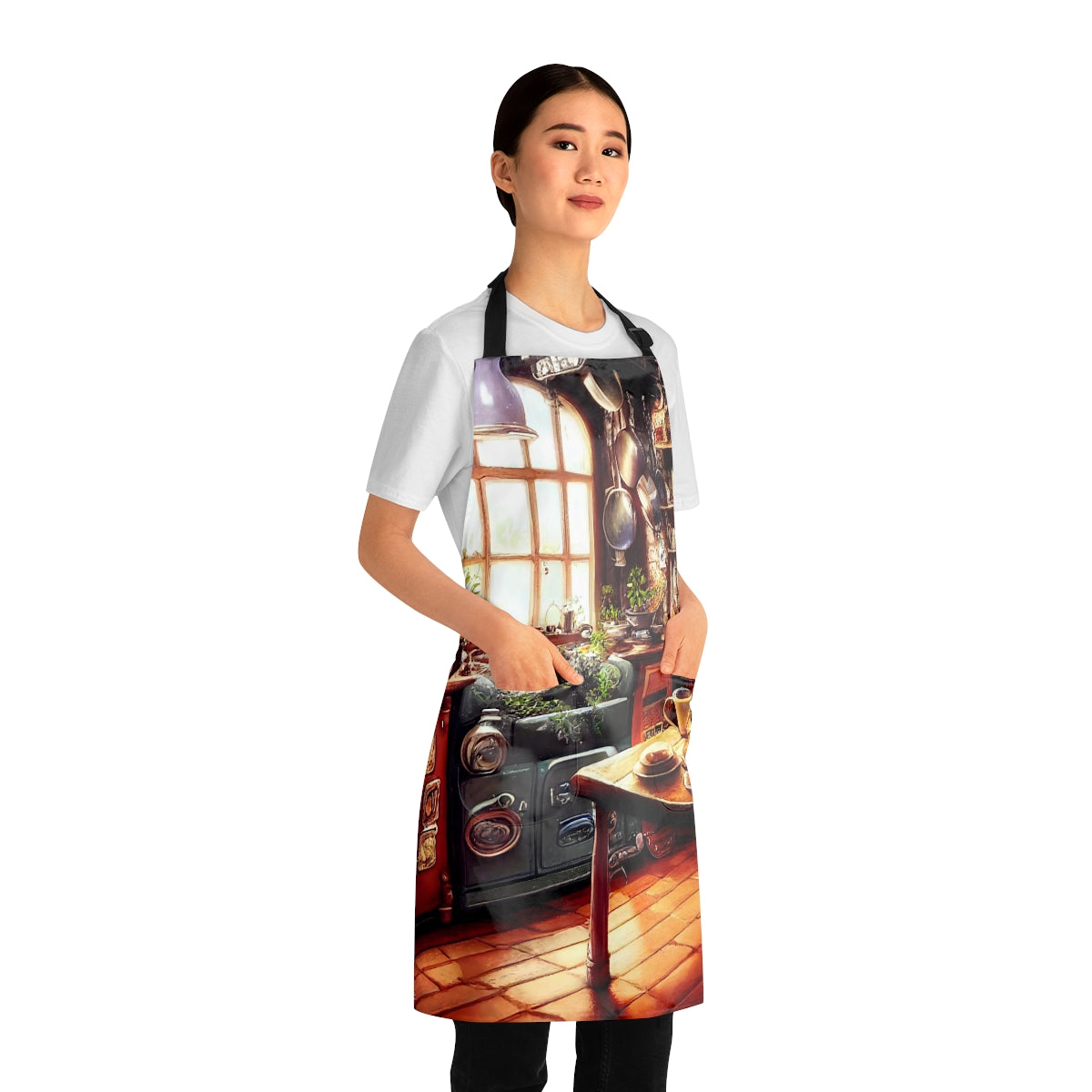 whimsical fantasy cottage kitchen, pot on the stove, bottles and jars, hanging herbs, charming, quaint, 8k, detailed and ultra realistic, fantasy - Apron