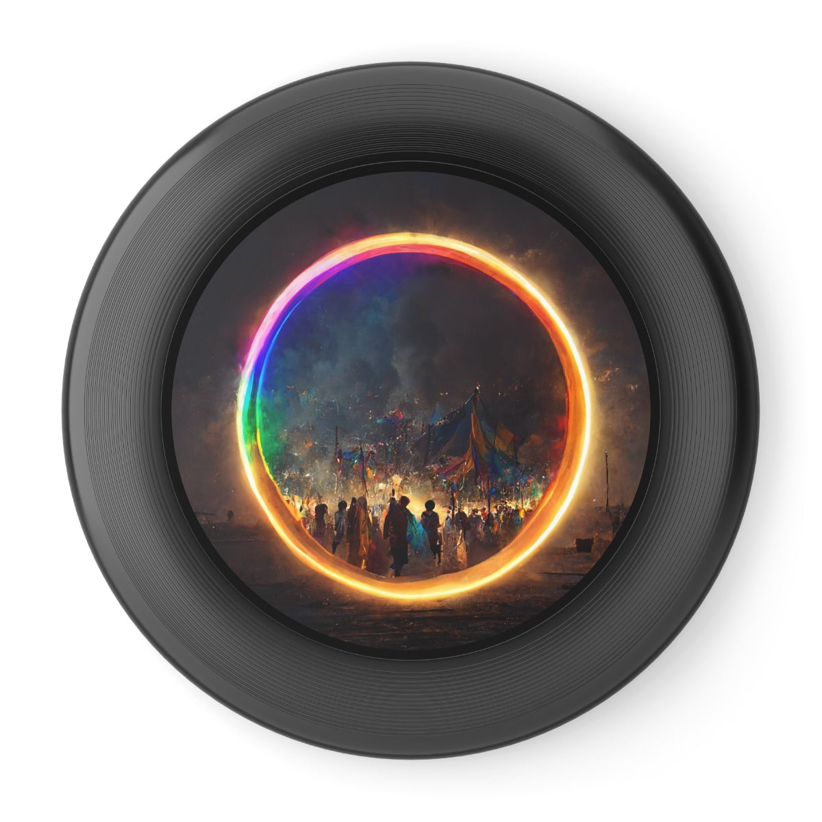 a bright rainbow circle of magic at burning man, cinematic, realistic, intricate detail, finely detailed, small details, extra detail, photorealistic - Wham-O Frisbee