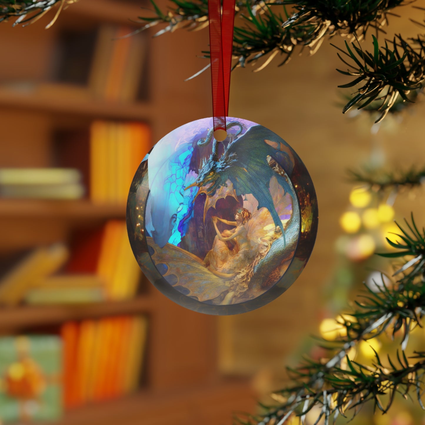 The Teafaerie: a transparent spherical glass christmas ornament designed by alphonse mucha and maxfield parrish. art nouveau. Highly detailed and elaborately ornate. An intricately rendered dragon with translucent diaphanous wings inside. Metal Ornament