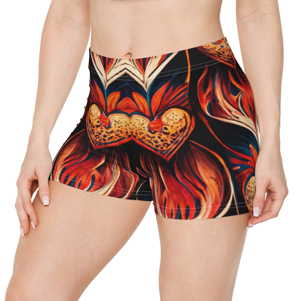 stylized vivid flames and hearts repeating pattern style of ed hardy - Women's Shorts (AOP)