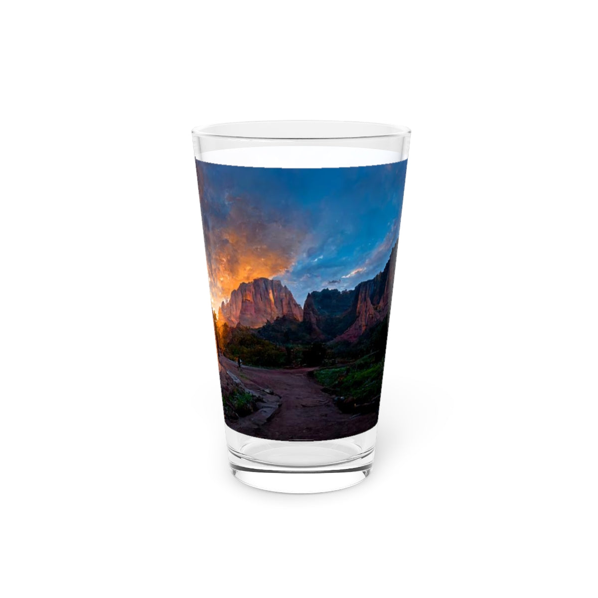 Pint Glass, 16oz - wide angle photo of a magical portal in zion national park at sunset, realistic, cinematic, quite awe-inspiring