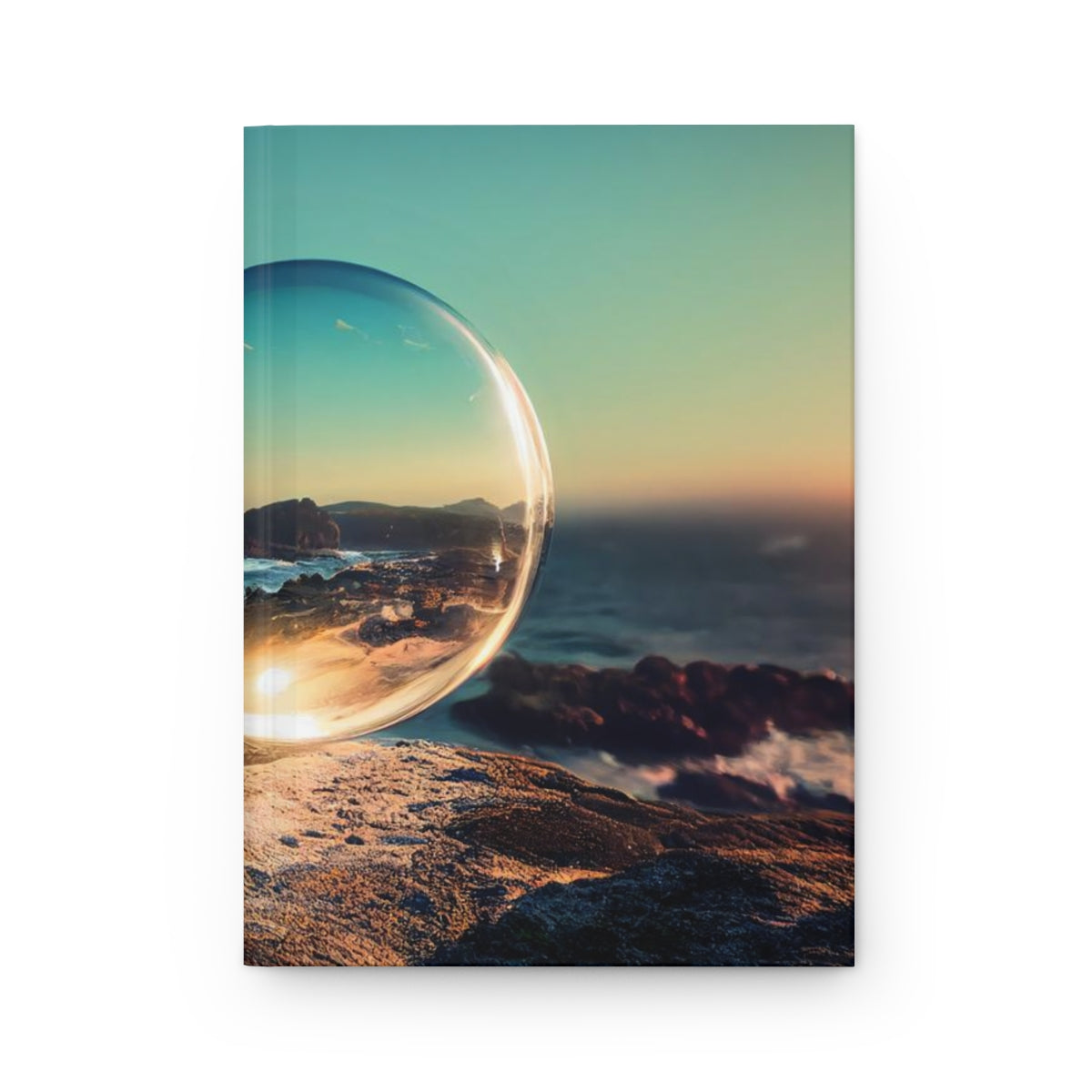 clear spherical bubble houses, set perfectly on top of a rocky shore, beautiful ocean coast - Hardcover Journal Matte