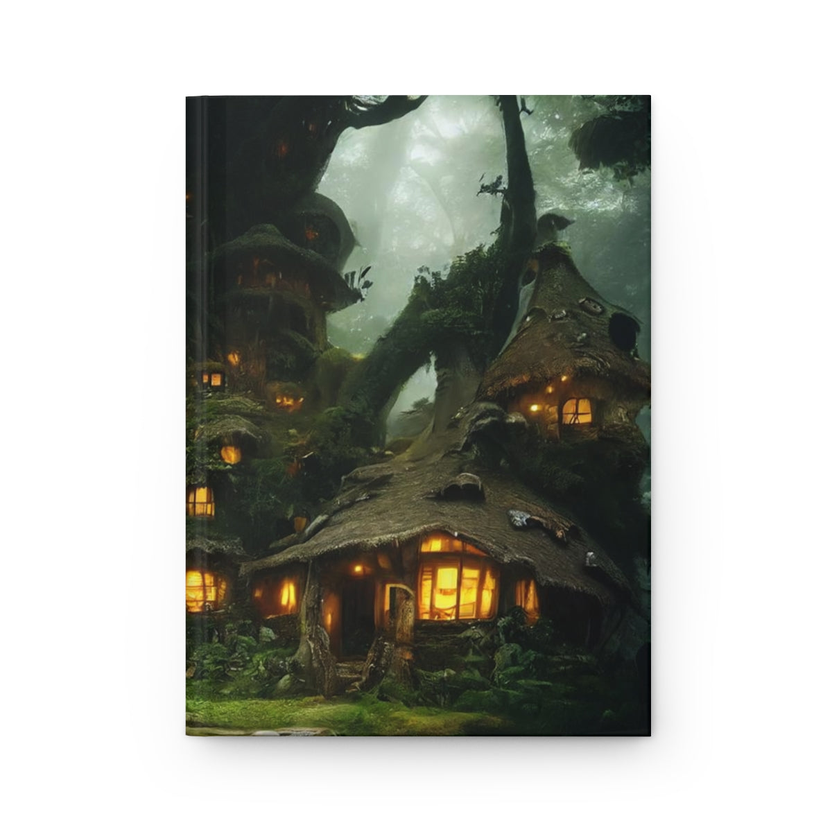 a detailed old overgrown cottage fantasy tree house in a mystical jungle grove with many mushrooms, ancient forest, hanging moss - Hardcover Journal Matte