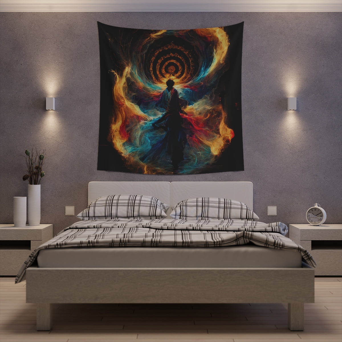 god of psychedelics dancing in a vortex made of fire - Indoor Wall Tapestries